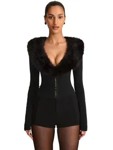 Sexy slim fit long sleeve black romper with lush faux fur collar for elegant evening parties