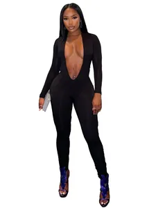 Elegant black deep V-neck long sleeve jumpsuit for women, slim fit sexy bodysuit.