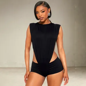Detailed view of sexy black sleeveless round neck top with side cutouts and shorts