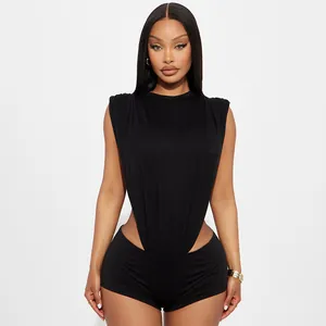 Detailed view of black sexy round neck sleeveless side cut-out bodysuit and shorts set