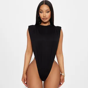 Front detail view of a black sleeveless crew neck bodysuit with high leg cutouts