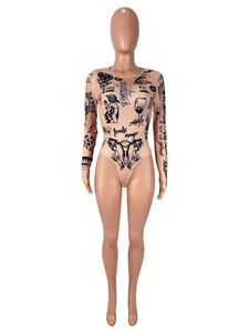 Body sexy à manches longues avec imprimé tatouage vintage et coupe jambe haute chic