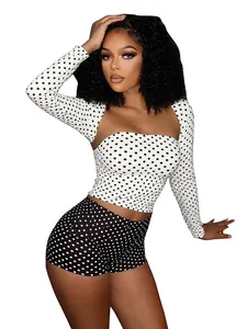 Sexy black and white contrast polka dot print three-piece set including shrug and tube top