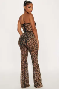 Back view detail of sexy leopard print tube top and flared pants set with pads