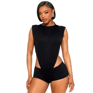 Sexy black sleeveless round neck cutout bodysuit and matching shorts two-piece set detail view