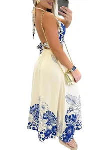 Ensemble sexy deux pièces à imprimé floral tropical, haut dos nu et jupe longue