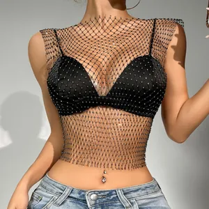 Sexy Nightclub Women Fishnet Hollow Out Rhinestone Tank Top Sparkly Mesh Diamond Cami Top Sleeveless Crop Top Party Clubwear