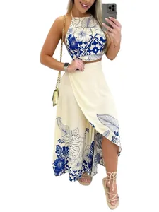 Ensemble d'été bohème haut dos nu à fleurs tropicales et jupe longue portefeuille