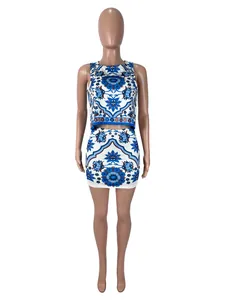 Stylish floral blue and white printed two-piece set with sleeveless top and mini skirt