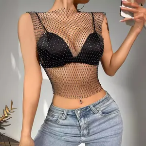 Sexy black fishnet crop top with sparkling rhinestones for glamorous nightclub look