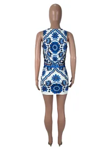Elegant blue and white porcelain print two-piece set with sleeveless top and mini skirt