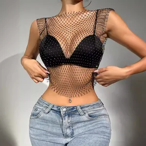 Sexy rhinestone fishnet mesh tank top for women featuring a glittering nightclub style.