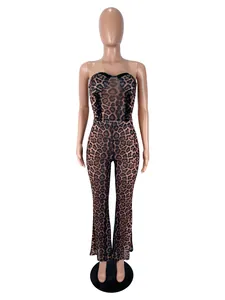 Full view of sexy leopard print two-piece set featuring tube top and flared trousers