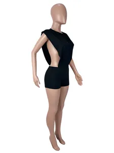 Detailed side view of black sexy sleeveless round neck side cut-out jumpsuit set