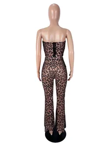 Rear view of women's sexy leopard print two-piece set with tube top and flared pants