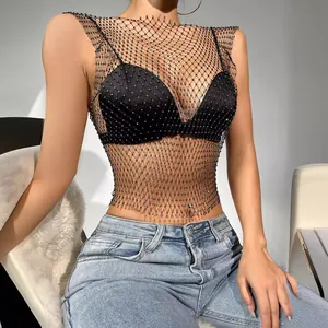 Sexy rhinestone fishnet mesh sleeveless tank top for women nightclub party outfit