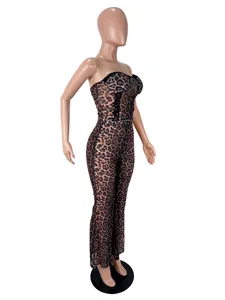 Sexy leopard print strapless top and flare pants two-piece set shown on a mannequin