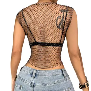 Sexy black fishnet mesh tank top with sparkling rhinestones for women's nightclub wear