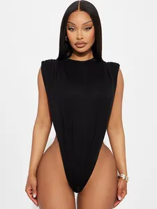 Sexy black sleeveless bodysuit with round neck and extreme high side cutout design