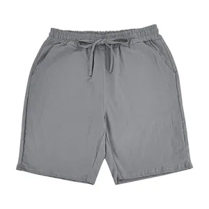 Detailed view of grey breathable linen casual shorts with elastic drawstring waist and pockets