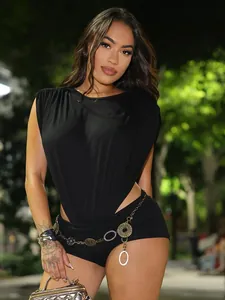 Sexy black sleeveless bodysuit and shorts set with stylish side cutout details for summer