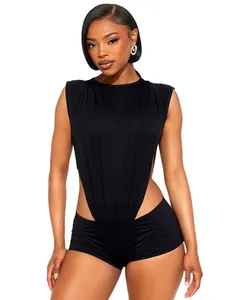 Sexy women's round neck sleeveless side cutout top and shorts two-piece set in solid black