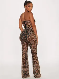 Sexy leopard print strapless two-piece set featuring a padded tube top and flared pants