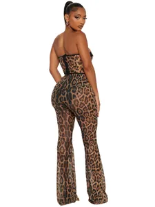 Sexy leopard print two-piece set featuring a strapless tube top and flared pants.