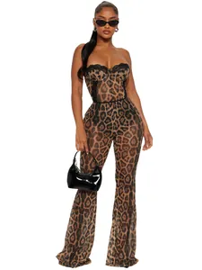 Fashionable sexy leopard print tube top and flare pants two-piece set with padding