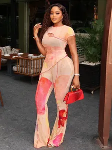 Ensemble deux pièces sexy en double mesh imprimé floral avec haut asymétrique et pantalon