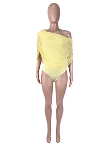 Detailed view of a vibrant yellow one-shoulder draped bodysuit for chic summer styles.