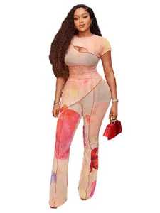Ensemble deux pièces sexy en mesh double couche avec haut ajouré et pantalon évasé