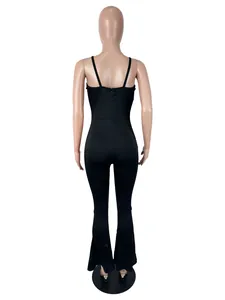 Back view of a sleek black spaghetti strap flared jumpsuit displayed on a mannequin