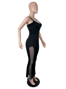Detailed side view of black jumpsuit featuring spaghetti straps and sexy side mesh paneling
