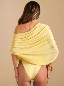 Sexy lemon yellow pleated off-shoulder bodysuit for women showing the back view