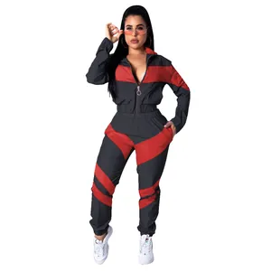 Two-piece black and red color block long sleeve windbreaker tracksuit set for women fashion