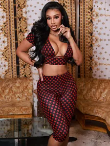 Sexy red polka dot print two-piece set featuring a crop top and matching leggings
