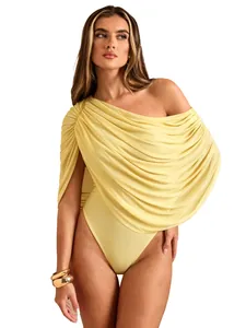 Elegant one-shoulder yellow draped bodysuit with pleated detailing for stylish women