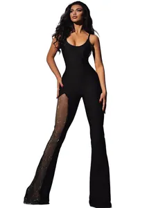 Sexy black spaghetti strap jumpsuit with mesh patchwork and flare legs for women