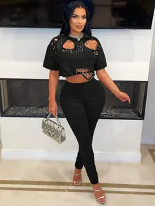 Dames Sexy Distressed Punk Gebreide Polyester Top en Broek Ronde Hals Korte Mouw Top met Lange Broek Klinknagels en Veiligheidsspelden