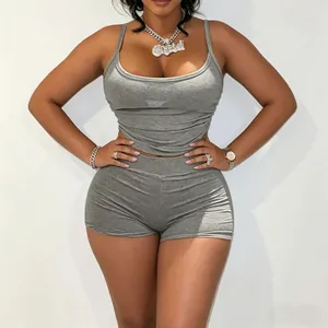 Sexy grey two-piece set with adjustable camisole tank top and matching bodycon shorts.