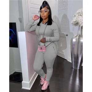 Conjunto de chándal gris informal para mujer con manga larga y capucha con cremalleras