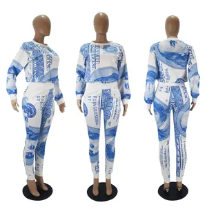 Full view of women's tracksuit set with money print from front, side, and back perspectives.