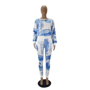 Fashionable women's two-piece sweatshirt and leggings set with blue dollar bill print