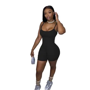 Combinaison sport noire sexy à bretelles spaghetti, barboteuse moulante pour femme