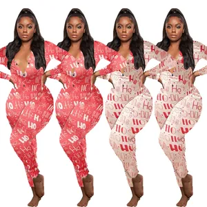 Women's Sexy Christmas Print Jumpsuit Long Sleeve V Neck Top And Bottom Festive Onesie Pajamas Holiday Loungewear