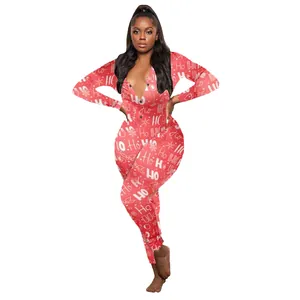 Red Christmas pattern printed long sleeve jumpsuit onesie for women loungewear