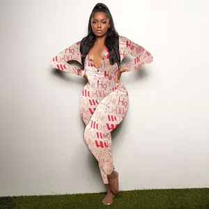 Full view of Christmas themed bodysuit with Ho Ho Ho print for home wear