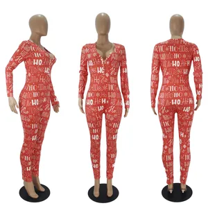 Front, side, and back view of a Christmas themed red jumpsuit with HO HO HO print