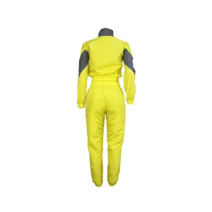 Full back view of women's bright yellow and grey spliced windbreaker athletic tracksuit set